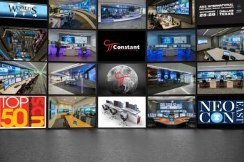 Futuristic corporate operation center with a massive multi-screen video wall
