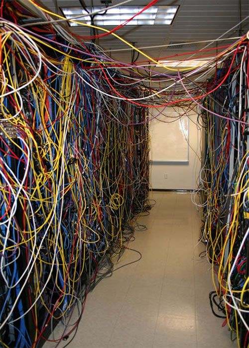 server room filled with tangled cables