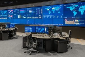 Cybersecurity operations center with large video wall