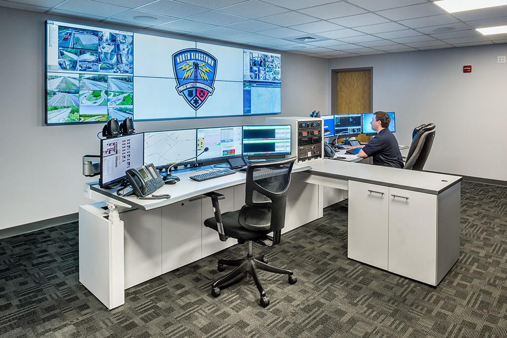 public safety communications center with video wall and consoles