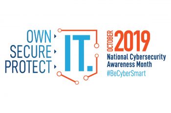 Graphic text: NCSAM (National Cyber Security Awareness Month) over a digital security network map.