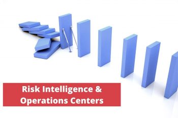 Graphic text: Risk Intelligence & Operations Centers, with blue rectangles falling in a sequence