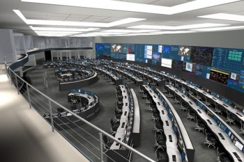 Global operations center rendering with tiered workstations, video wall, and multi-level design