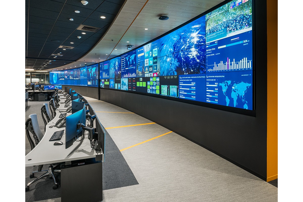 A Mission Critical Operations Center with a video wall and consoles