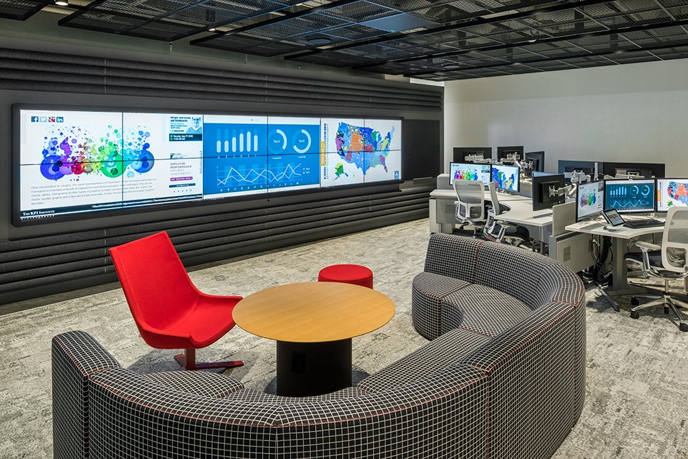 modern social media listening center with large video wall and multiple desks as well as collaboration area