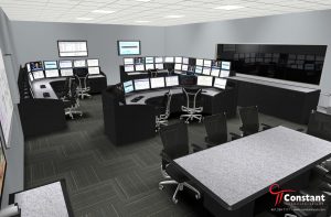 operations center rendering - depiction of mission critical furniture and video wall