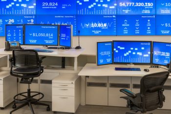 Adjustable-height multi-monitor workstations showing real-time analytics and financial data