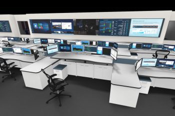 Operations center with monitor workstations, video wall displays and ergonomic furniture