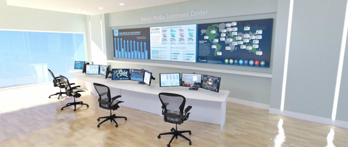 Social Media Command Center with video wall and consoles