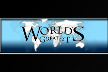 World's Greatest logo with world map background