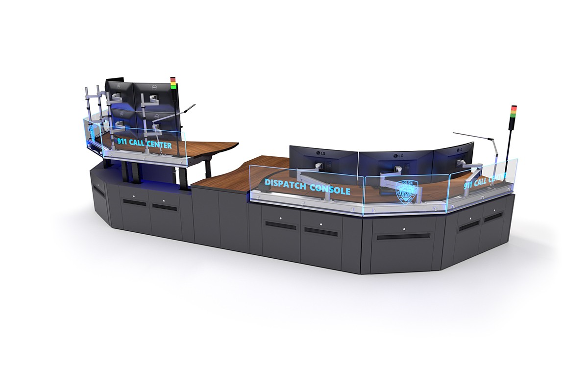 911 call center dispatch console with curved workstation and elevated supervisor station