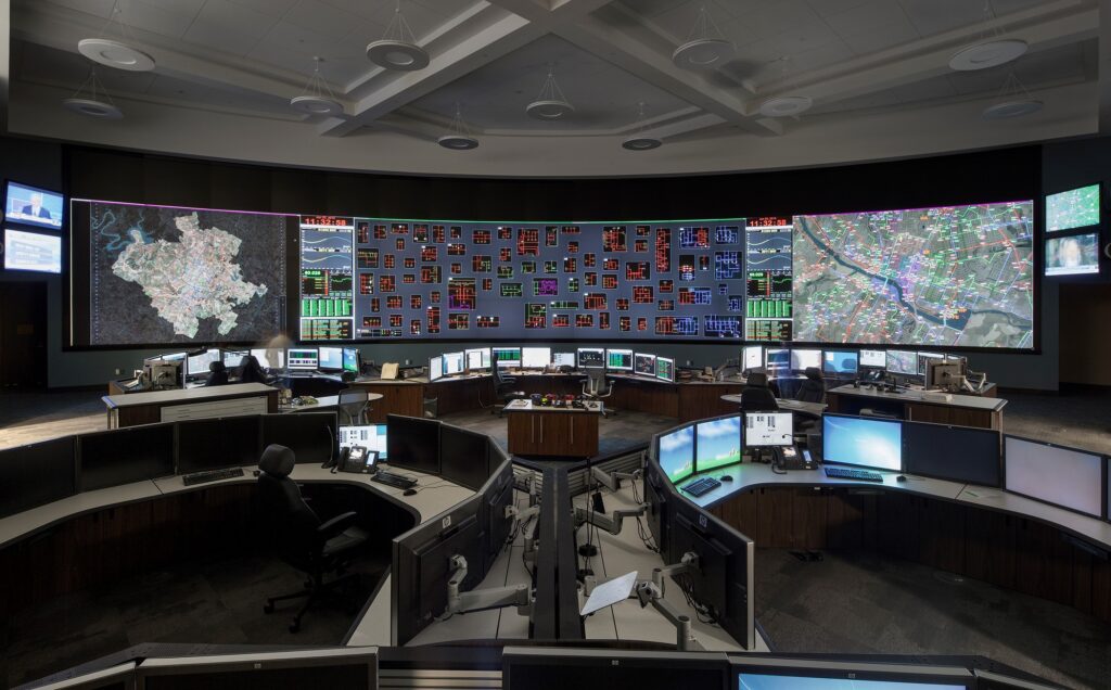 City surveillance feeds on multiple screens and video wall