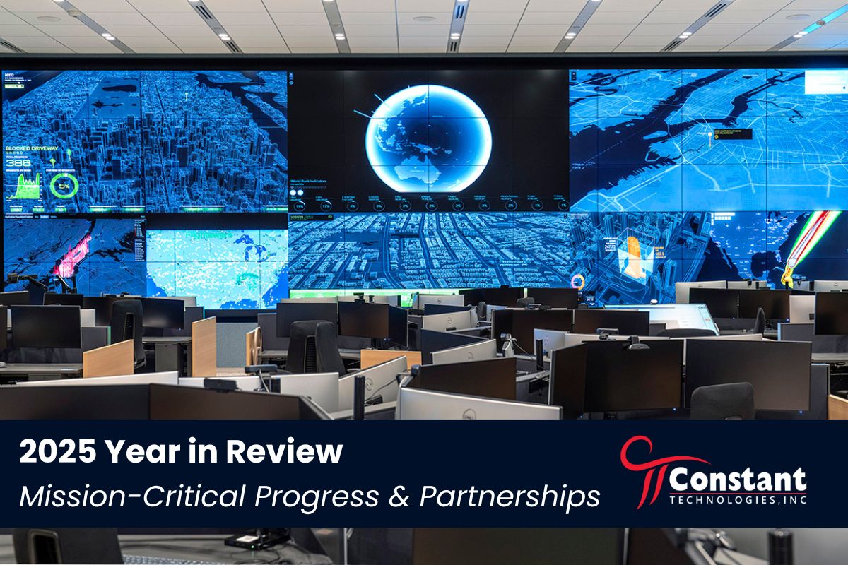 Consoles, monitors, and video wall in a Global Security Operations Center