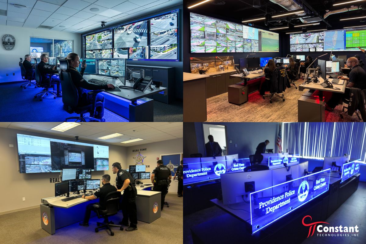 Real-time crime center operations rooms with multiple monitoring stations
